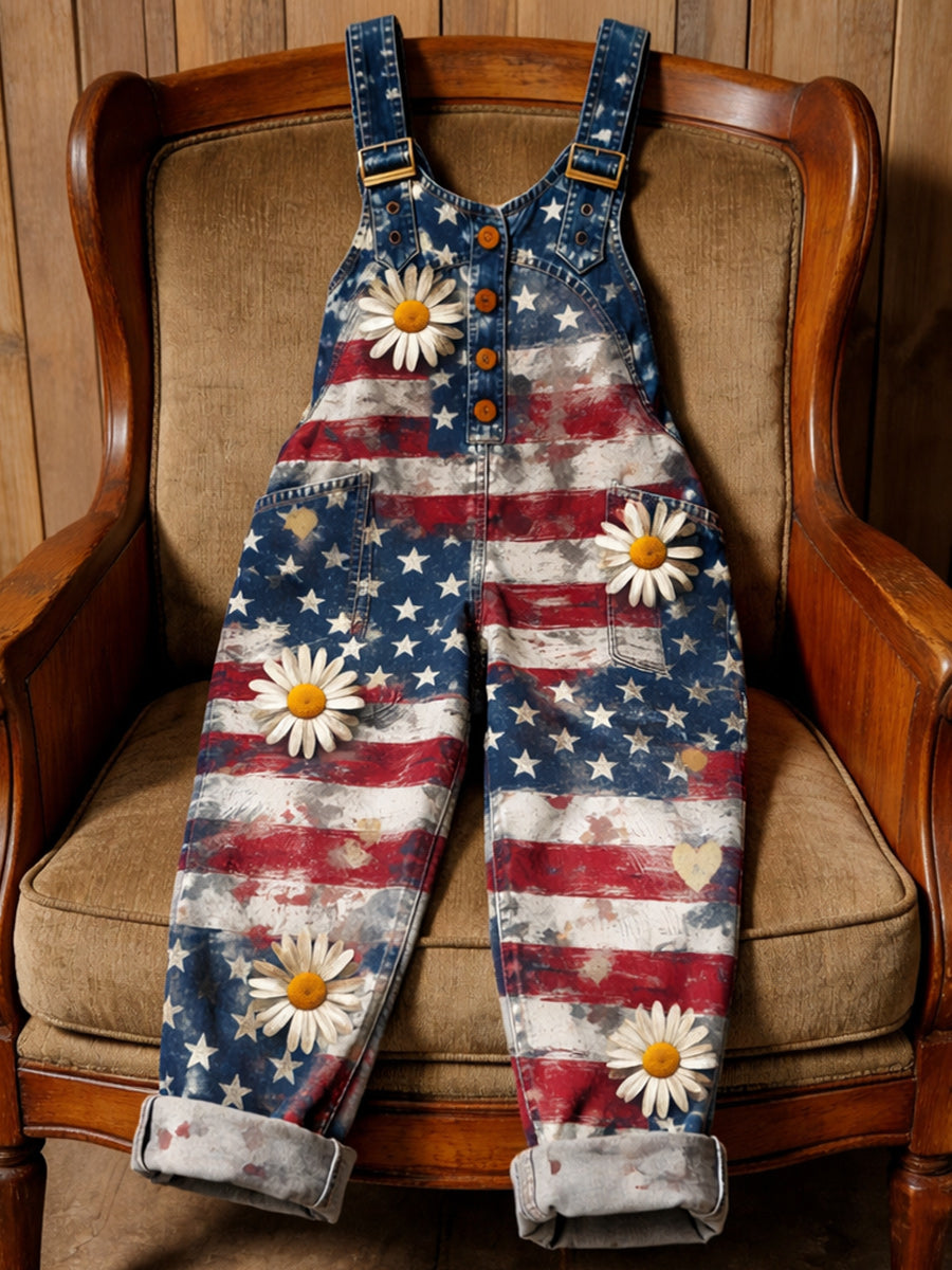 Women's Retro Style Art Print Washed Cotton Denim Patchwork Jumpsuit